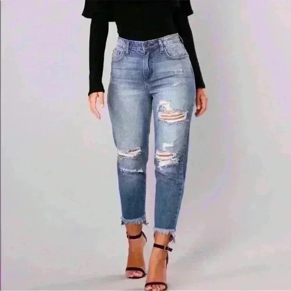NWT Fashion Nova Toni Boyfriend Ripped High-Rise Cut-out Ankle Jeans, 9